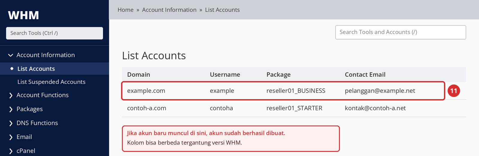 Gambar 7 – Akun baru di List Accounts (11). Kolom bisa berbeda tergantung versi WHM; tampilan ilustrasi.