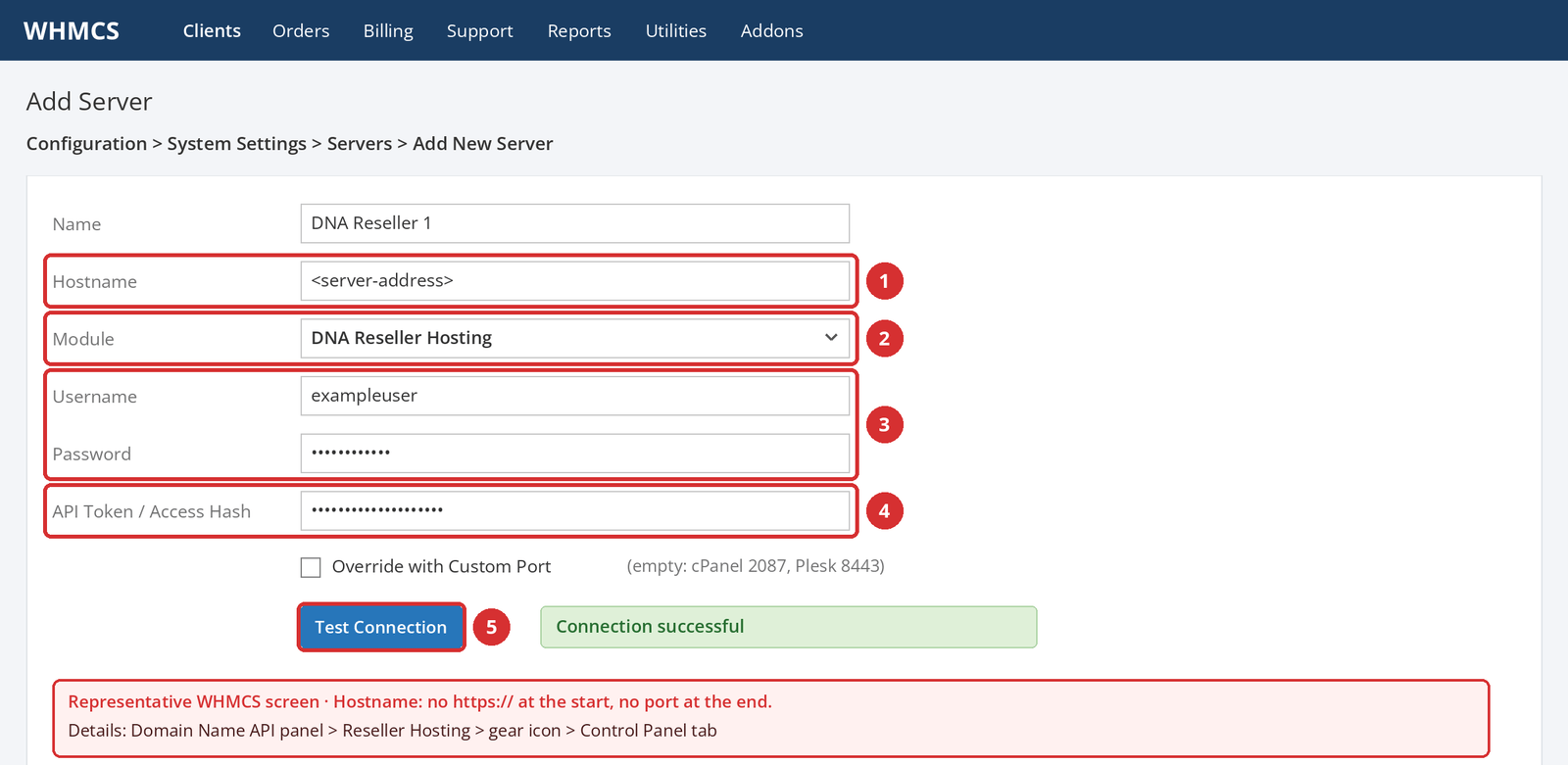 Figure 5 – Representative WHMCS screen: Hostname (1), Module (2), reseller username and password (3), API token (4), and Test Connection (5).