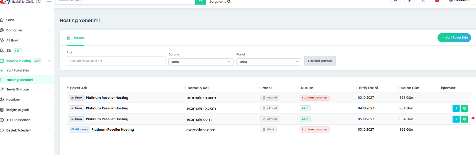Figura 2 – La lista de servicios de hosting y el icono de engranaje junto a un servicio activo (interfaz en turco). Los dominios están ocultos.