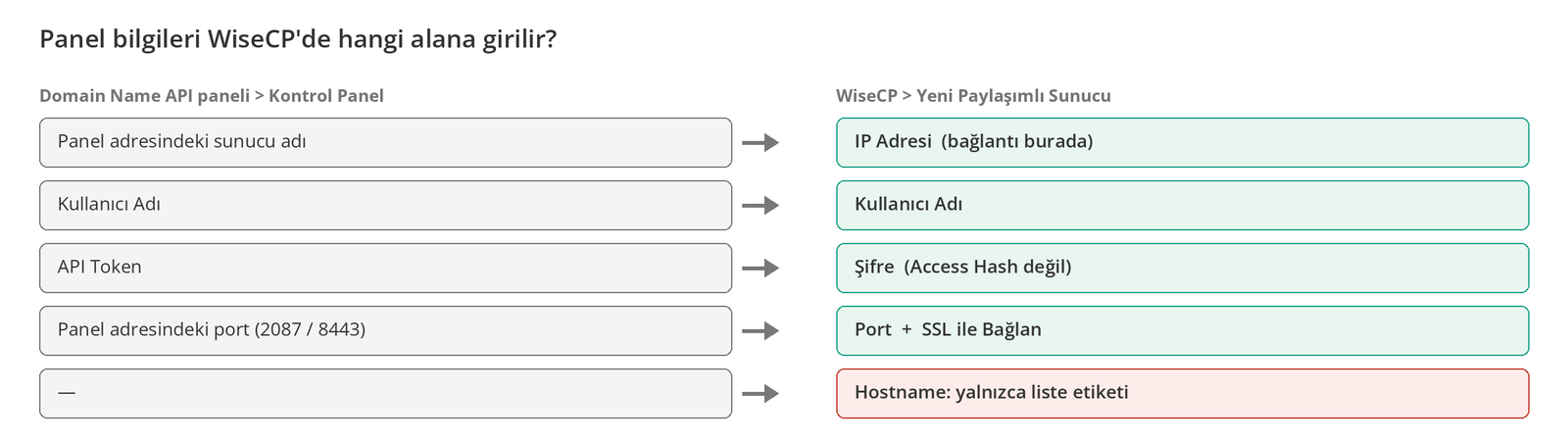 Görsel 4 – Panel bilgilerinin WiseCP'deki karşılıkları. Hostname alanı yalnızca bir etikettir.