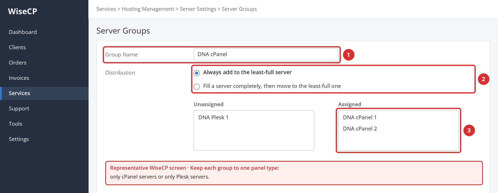 Figure 7 – Representative WiseCP screen: group name (1), distribution type (2), and servers assigned to the group (3).