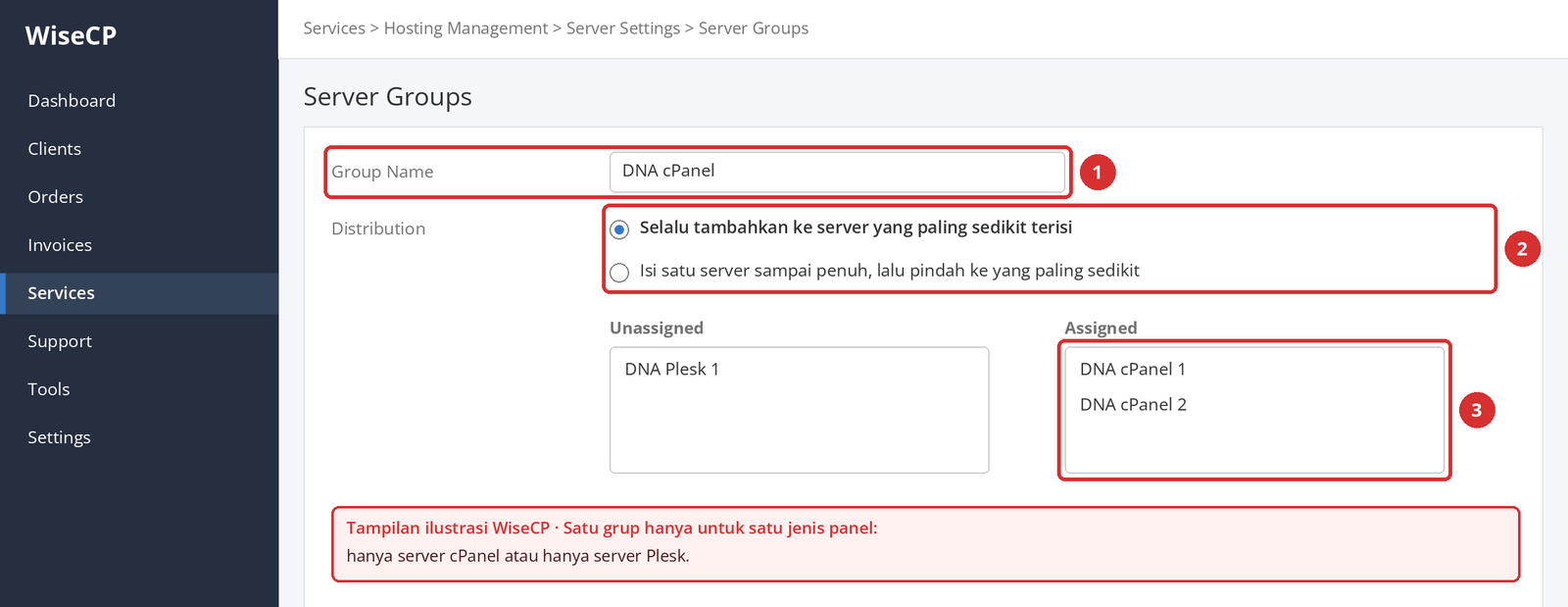 Gambar 7 – Tampilan ilustrasi WiseCP: nama grup (1), jenis distribusi (2), dan server yang ditetapkan ke grup (3).