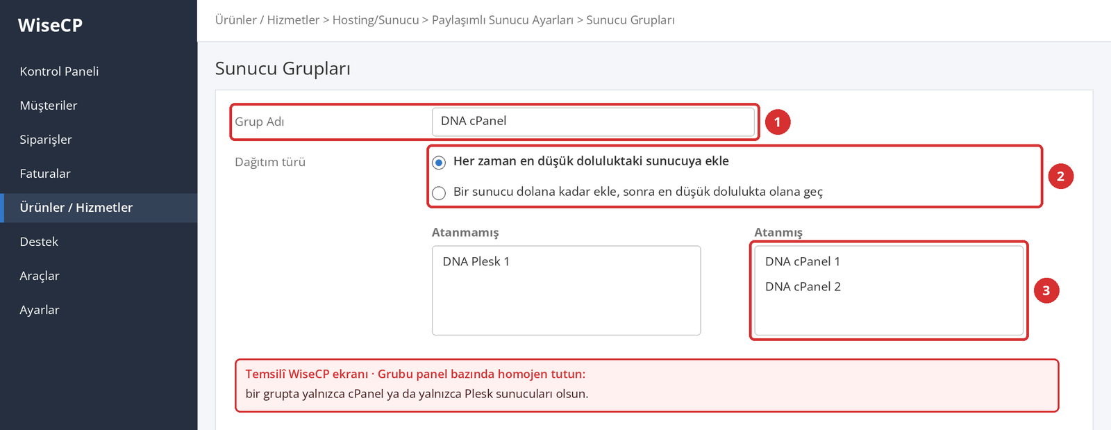 Görsel 7 – Temsilî WiseCP ekranı: grup adı (1), dağıtım türü (2) ve gruba atanmış sunucular (3).