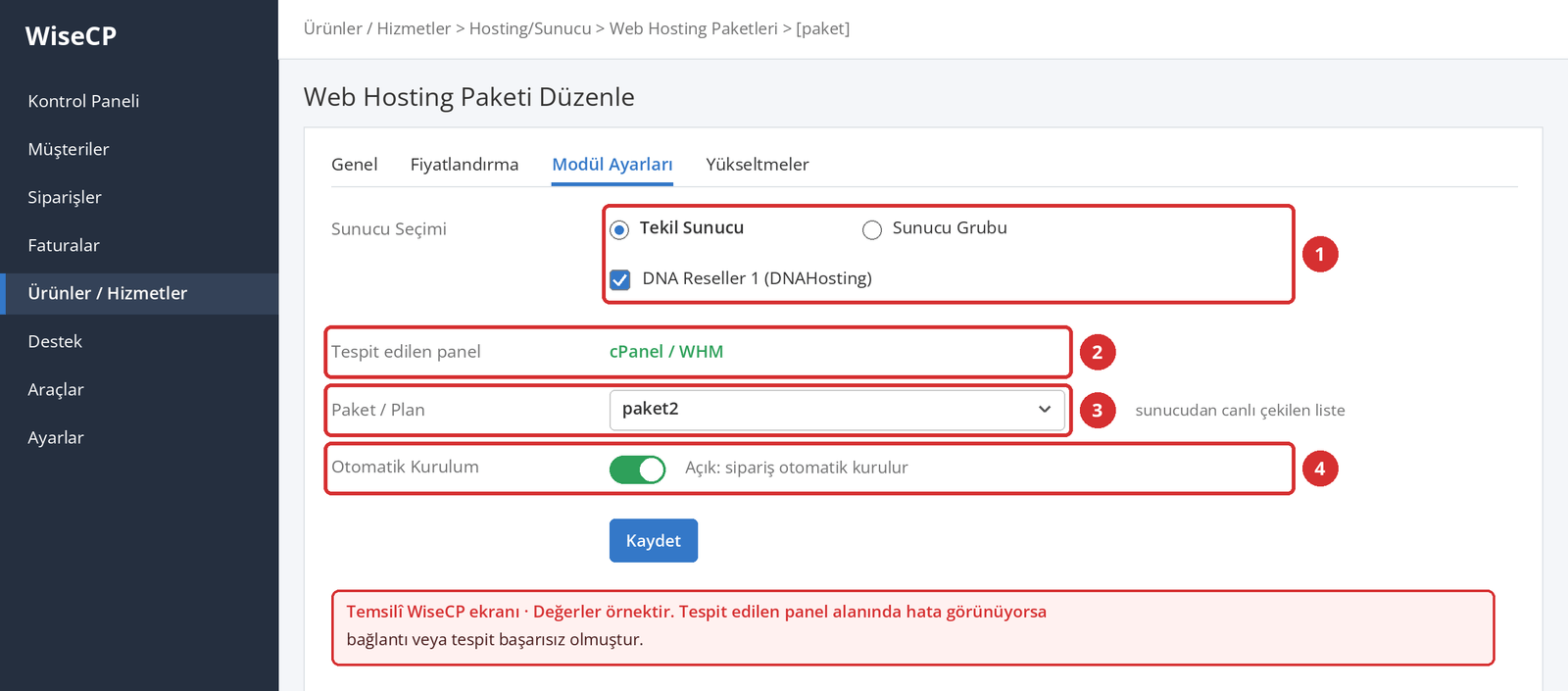 Görsel 9 – Temsilî WiseCP ekranı: sunucu seçimi (1), tespit edilen panel (2), canlı paket listesi (3) ve otomatik kurulum (4).